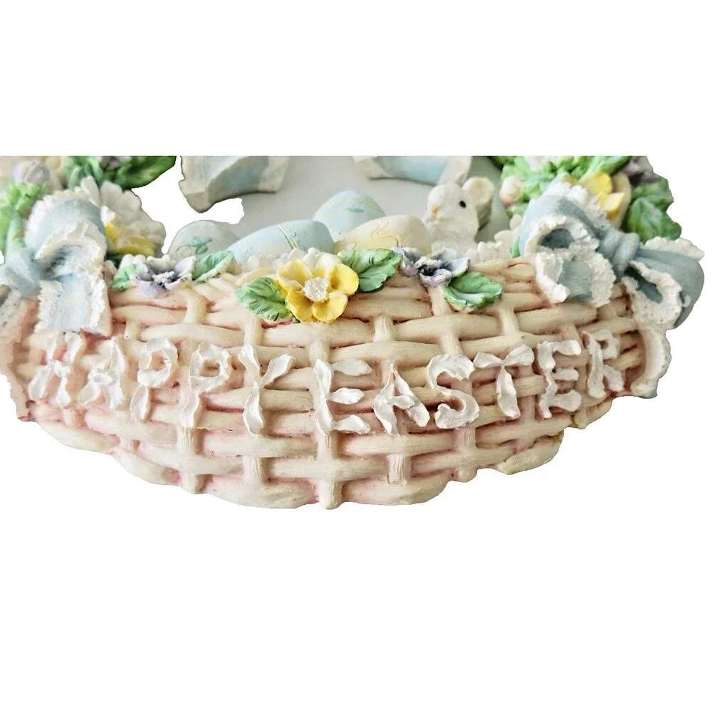 York 1996 Easter Bunny Wreath Figurine House of Lloyd Spring Basket Eggs Pastel